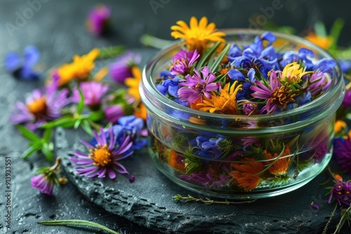 Colorful Wildflowers in Glass Jar on Dark Background
