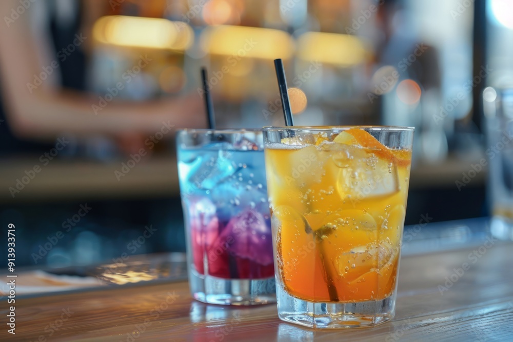 Two colorful cocktails standing on bar counter with blurred background Two colorful cocktails standing on bar counter with blurred background