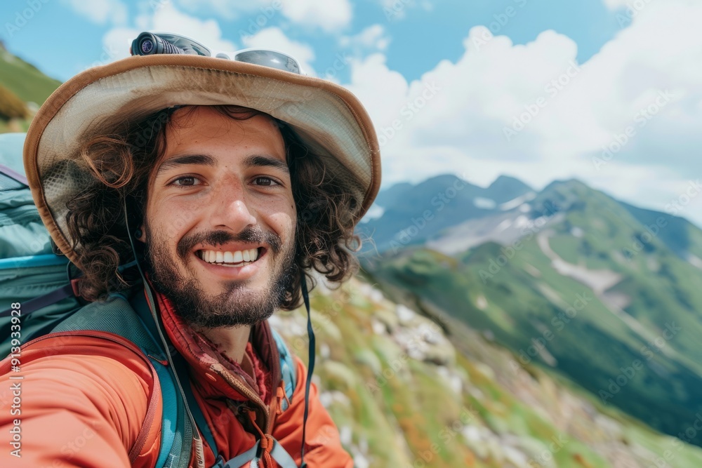 Young male backpacker taking a selfie in the mountains Young male backpacker taking a selfie in the mountains