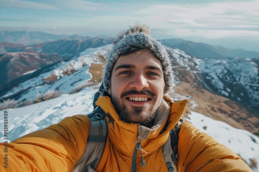Young male backpacker taking a selfie in the mountains Young male backpacker taking a selfie in the mountains