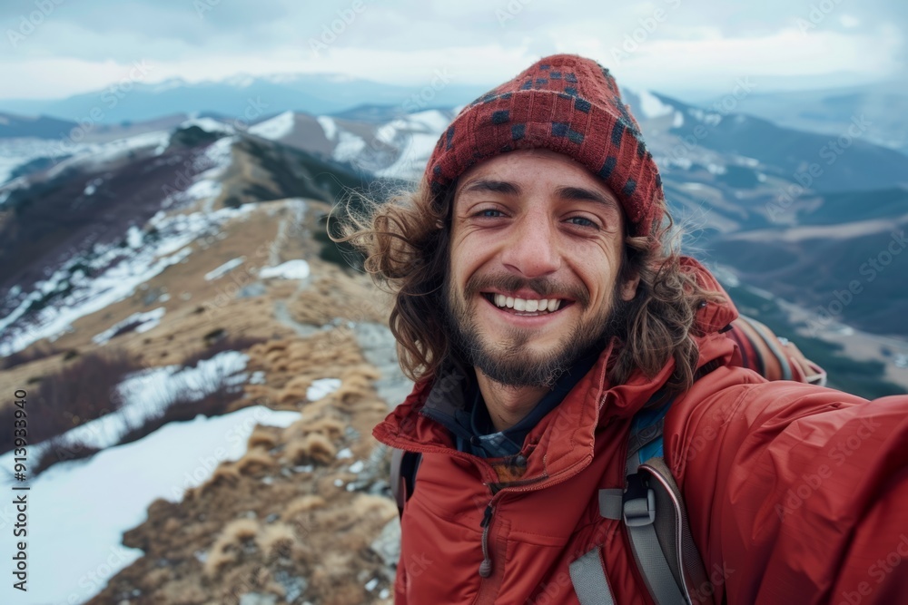 Young male backpacker taking a selfie in the mountains Young male backpacker taking a selfie in the mountains