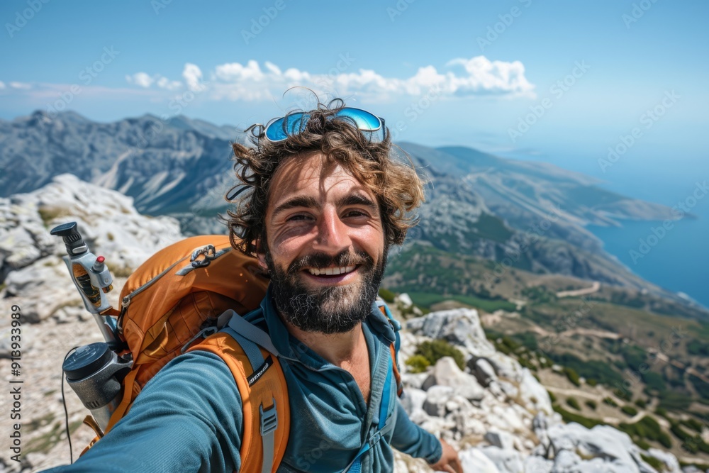 Male hiker tourist taking a selfie on mountain top Male hiker tourist taking a selfie on mountain top