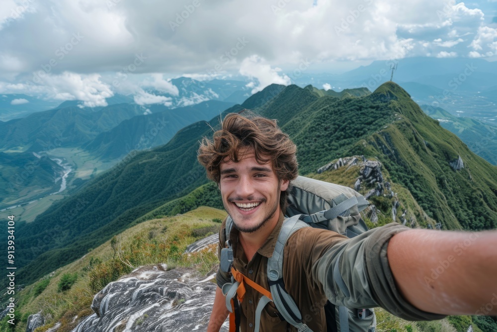 Happy hiker taking a selfie on top of a mountain Happy hiker taking a selfie on top of a mountain