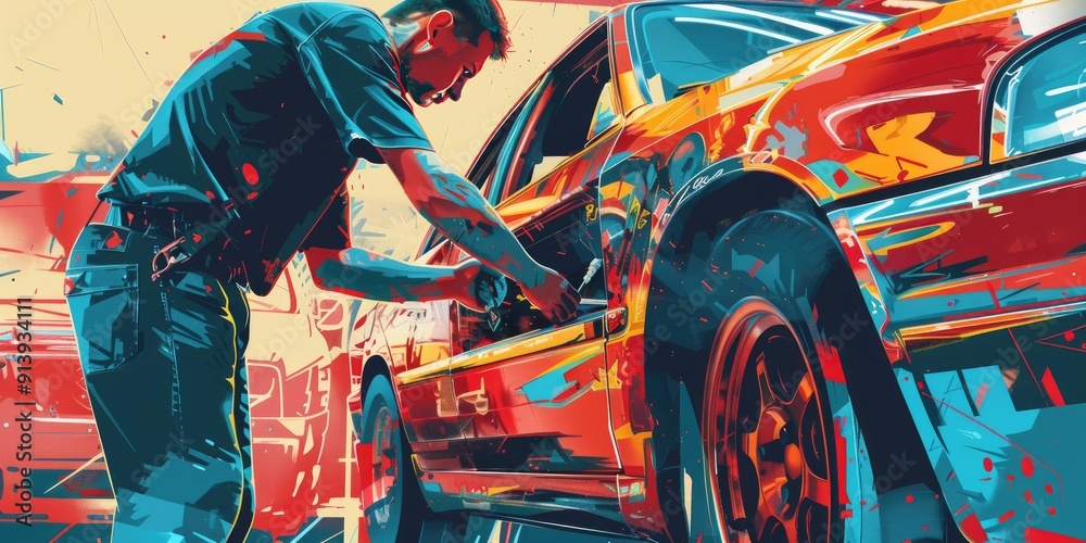 Obraz premium A man working on a red car.