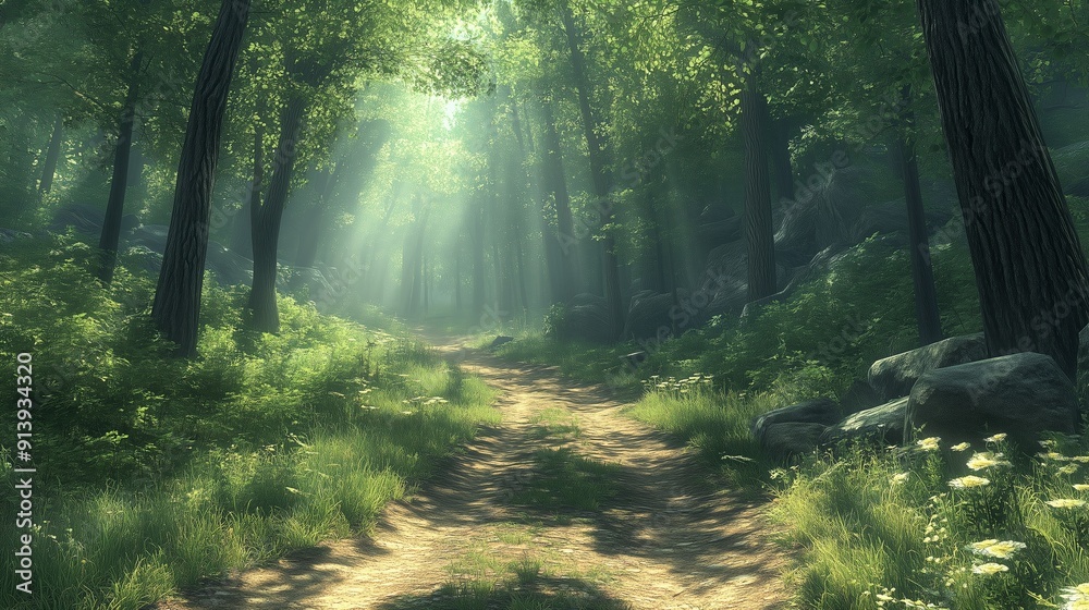 Obraz premium A serene forest path bathed in soft sunlight filtering through the lush green canopy above. The winding trail, lined with grass and scattered wildflowers, invites peaceful exploration.