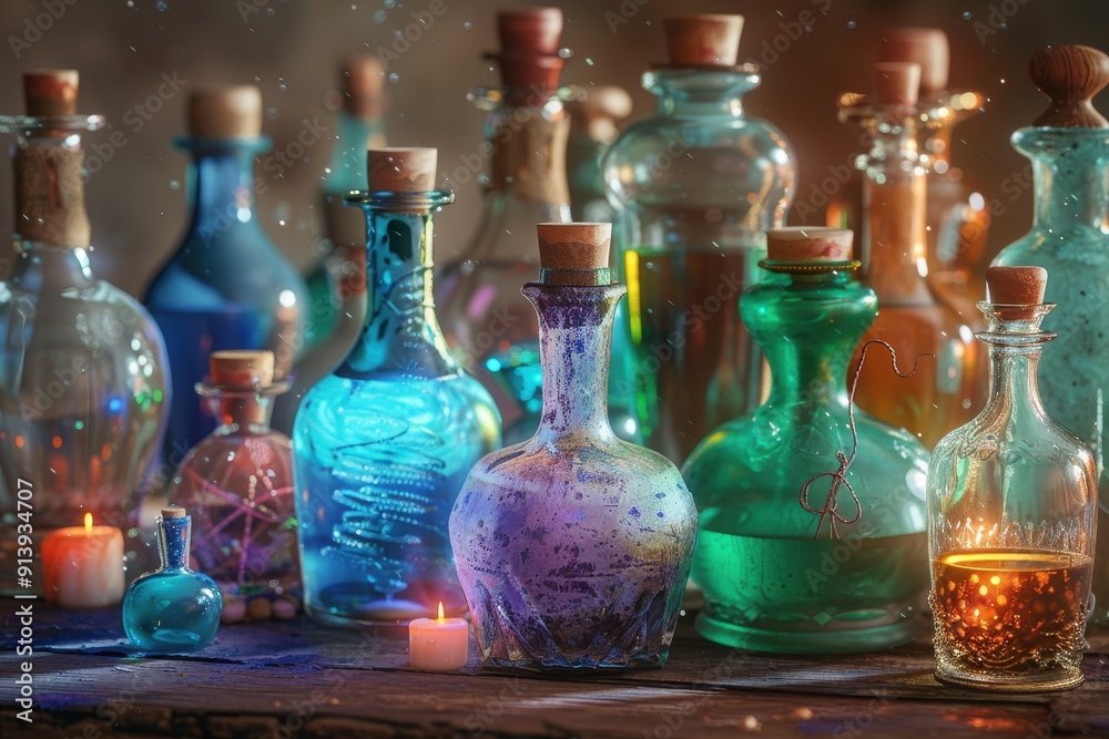 A row of colorful bottles with flowers on them sit on a table A row of colorful bottles with flowers on them sit on a table