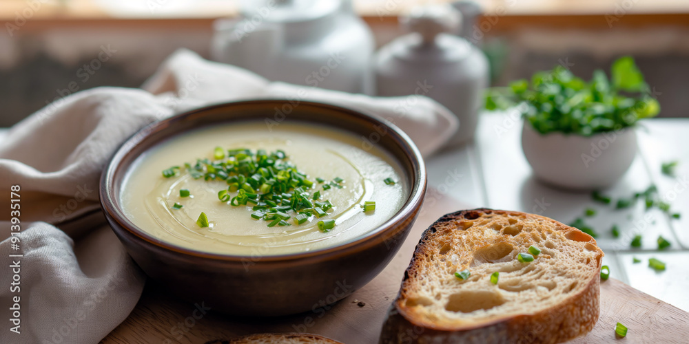 Vichyssoise (cold leek and potato soup) with a side of crusty bread, set on a bright and airy kitchen counter with a side of crusty bread. Vichyssoise (cold leek and potato soup) with a side of crusty bread, set on a bright and airy kitchen counter with a side of crusty bread.