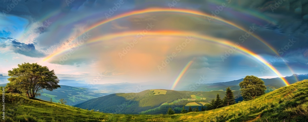 Double rainbow arching over a lush green valley after a summer rain, 4K hyperrealistic photo Double rainbow arching over a lush green valley after a summer rain, 4K hyperrealistic photo