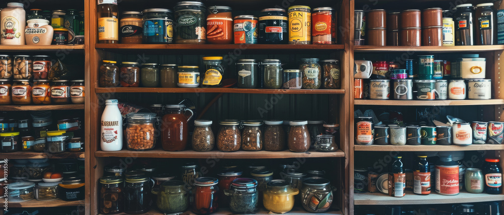 Shelves loaded with various jars and cans of food in a pantry, showcasing an array of preserved and homemade items ready for use. Shelves loaded with various jars and cans of food in a pantry, showcasing an array of preserved and homemade items ready for use.