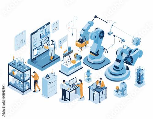 Engineers Scientists Tiny Characters Making Programming Huge Robot in Science Laboratory. Robotics Hardware and Software