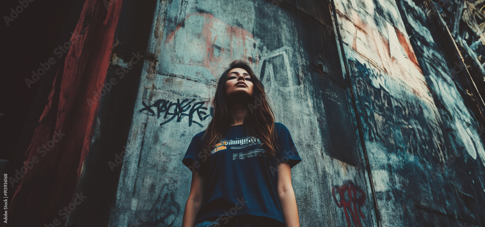 Naklejka premium Young Woman Posing Confidently in Front of Colorful Urban Graffiti Wall