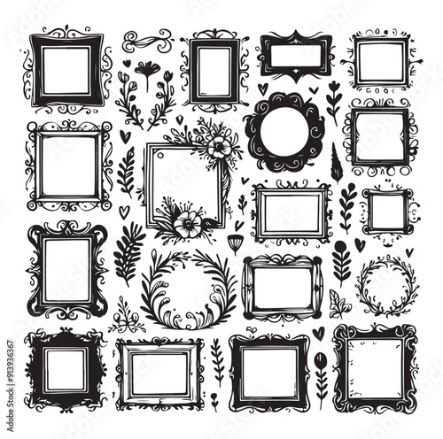 Hand drawn frames with wavy lines, silhouettes Vector illustration design.