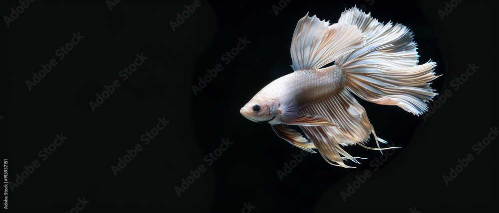 A beige betta fish with flowy fins gracefully swims against a dark background, showcasing its elegant beauty in full splendor.