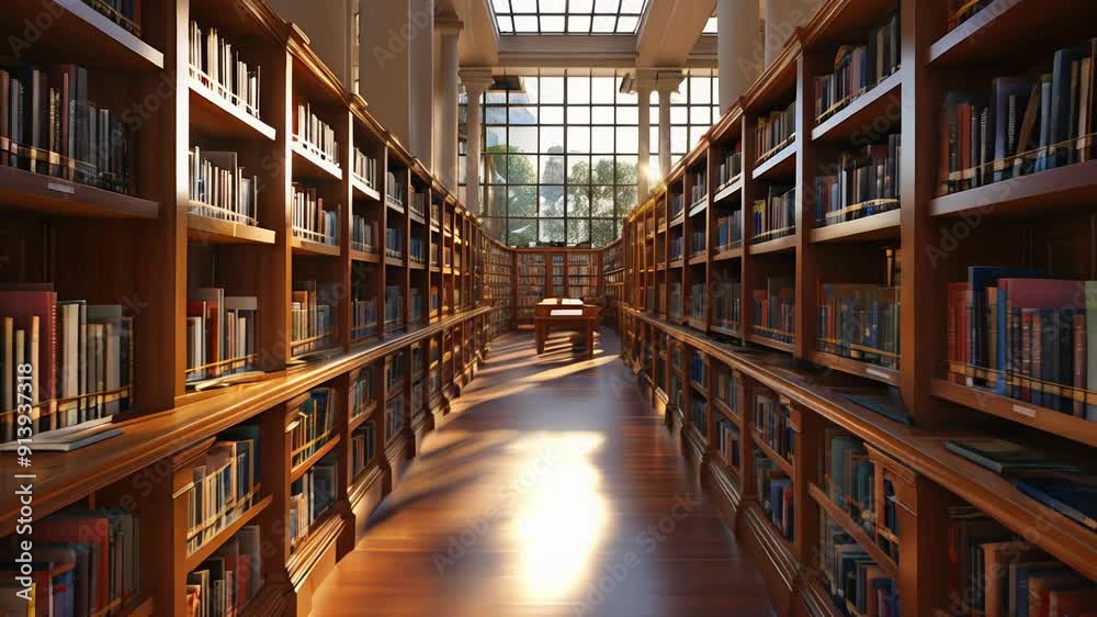 Wander through a spacious library filled with books, illuminated by sunlight that creates a warm, inviting atmosphere Wander through a spacious library filled with books, illuminated by sunlight that creates a warm, inviting atmosphere