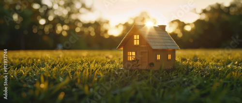 A cozy, warmly-lit miniature house sits on a lush, sunlit lawn, capturing the essence of homeliness and simplicity. photo