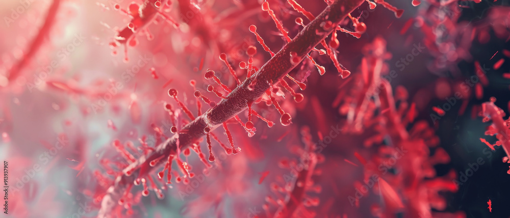 Close-up of intricate, red, spiky structures, possibly representing scientific imagery or abstract artistic elements. Close-up of intricate, red, spiky structures, possibly representing scientific imagery or abstract artistic elements.