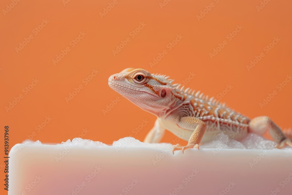 Naklejka premium A green lizard is laying on a soap bar