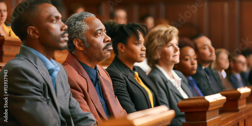 A diverse group of jurors sitting in a jury box, focused and attentive, during a trial in a traditional courtroom setting.