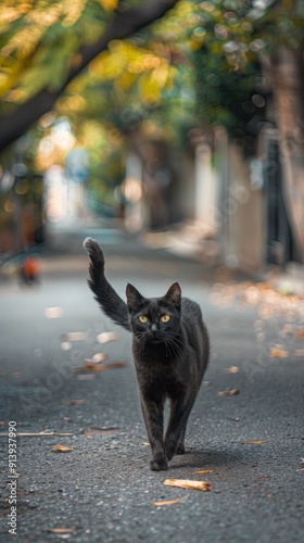 A black cat crosses a road in the city 