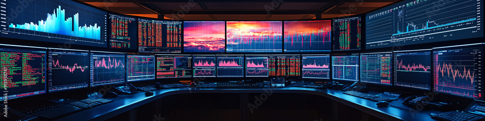 Command Center of Finance: A panoramic view of a high-tech trading room, illuminated by the glow of multiple monitors displaying financial data and charts. Command Center of Finance: A panoramic view of a high-tech trading room, illuminated by the glow of multiple monitors displaying financial data and charts.