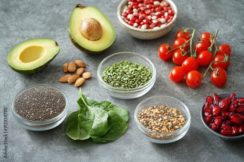 Wallpaper Mural Healthy food clean eating selection: fruit, vegetable, seeds, superfood, cereal, leaf vegetable on gray concrete background , ai Torontodigital.ca