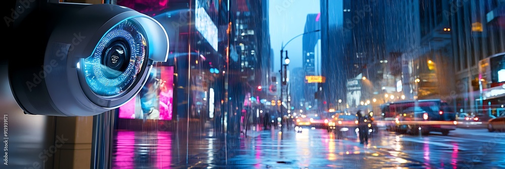 High-tech security camera with facial recognition on rainy night ...