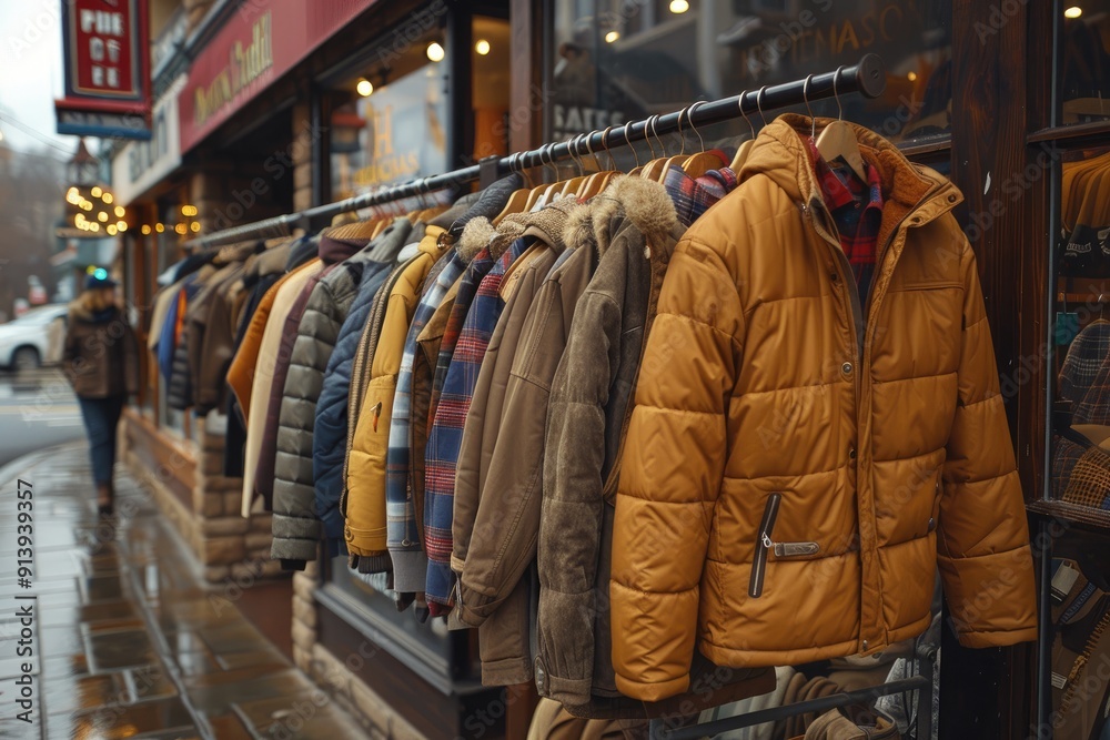 Row of winter jackets hanging in a storefront window Row of winter jackets hanging in a storefront window