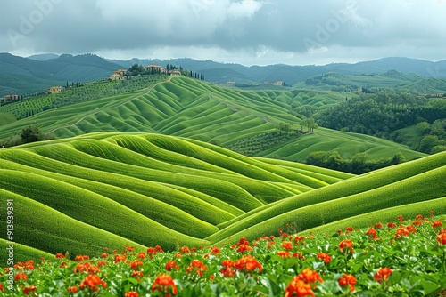 Rolling Green Hills with a House and a Field of Red Flowers