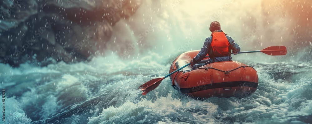 Fototapeta premium Adventurous backpacker whitewater rafting down a raging river, 4K hyperrealistic photo