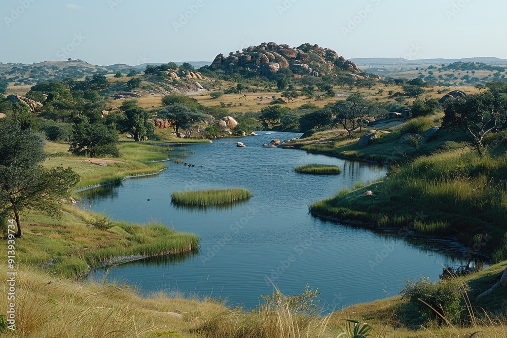 Obraz premium Serene Landscape with a Winding Lake in a Rocky, Grassy Terrain