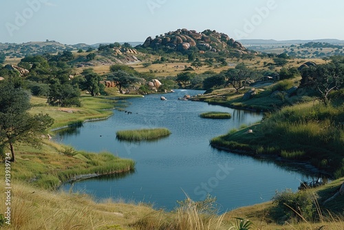 Serene Landscape with a Winding Lake in a Rocky, Grassy Terrain