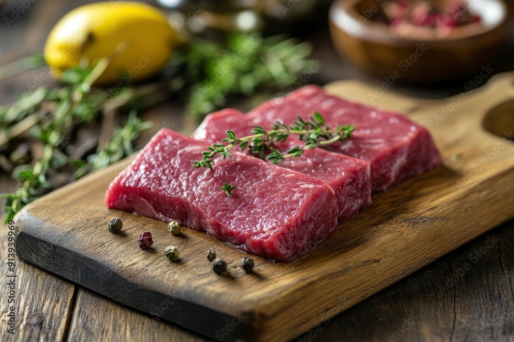 raw steak meat with herbs on wooden board , ai raw steak meat with herbs on wooden board , ai