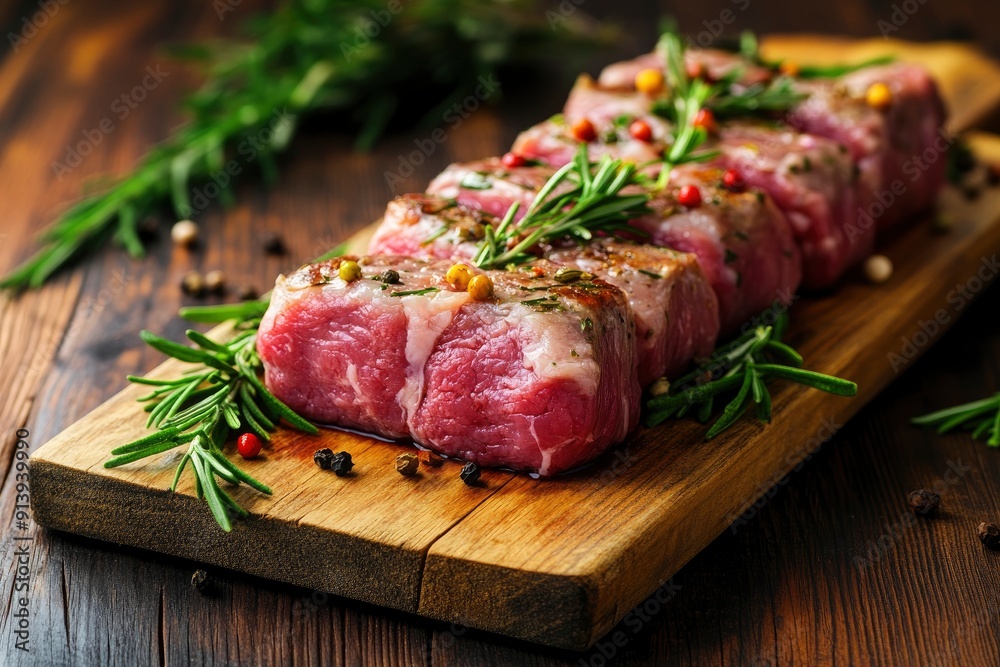 raw steak meat with herbs on wooden board , ai raw steak meat with herbs on wooden board , ai
