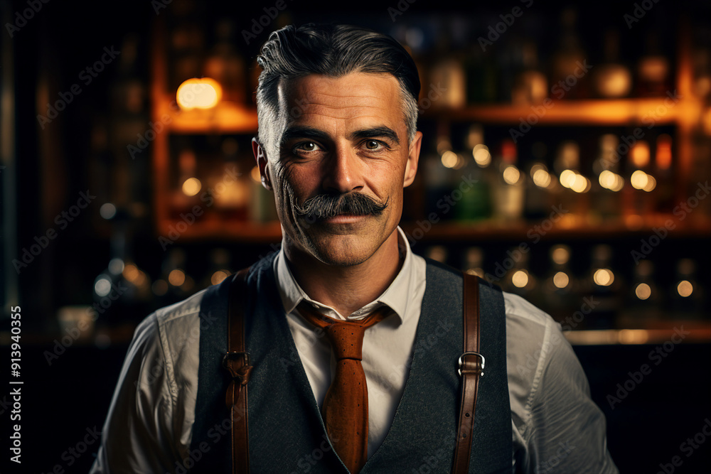 Classic bar pub with professional bartender barkeeper barman, Generative AI illustration photo Classic bar pub with professional bartender barkeeper barman, Generative AI illustration photo