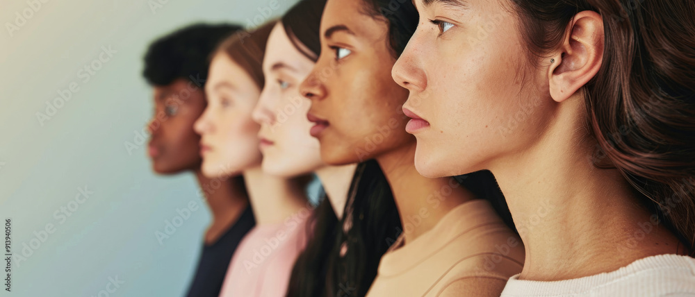 Profile views of diverse women against a gradient background, embodying individuality and collective strength in a harmonious frame.