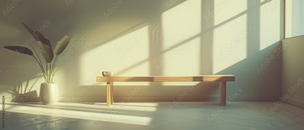 A clean, minimalist room features a wooden bench and a potted plant, bathed in soft sunlight, creating a serene and meditative space. A clean, minimalist room features a wooden bench and a potted plant, bathed in soft sunlight, creating a serene and meditative space.