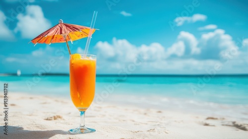 Tropical refreshing fruit with an umbrella on a sunny beach