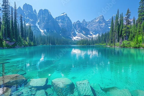 Turquoise Lake with Mountain and Forest Backdrop