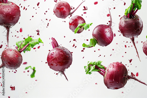 Bunch of Beets on White Background, High-Detail Image of Red Root Vegetables with Leaves for Organic Produce photo