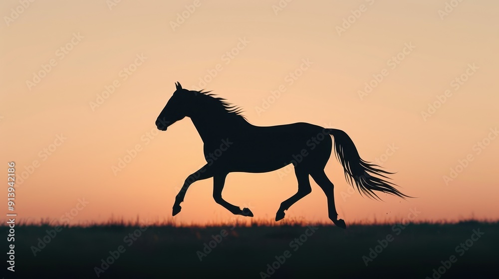 Silhouette of a Running Horse at Sunset in a Vast Field Silhouette of a Running Horse at Sunset in a Vast Field