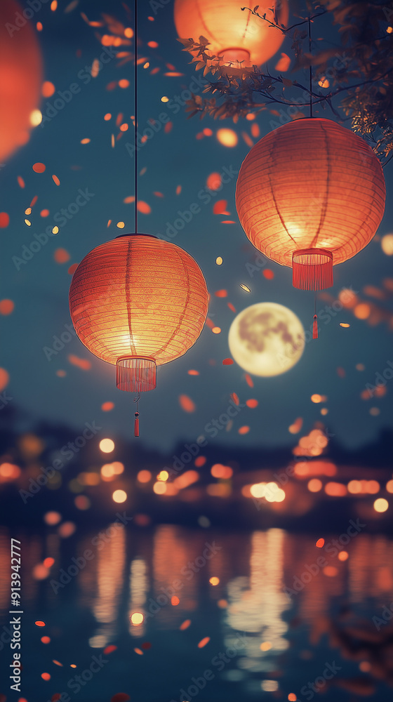 Obraz premium Family reunion, reunion dinner, Spring Festival, lanterns, festive atmosphere, moon, fireworks, realistic, photography, super high quality, award-winning work, stunning perspective, blurred foregrou