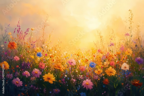 vibrant wildflower meadow at sunrise impressionistic style soft brush strokes warm golden light rainbow palette of blooms swaying gently