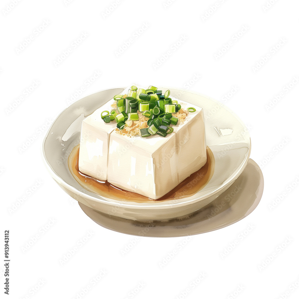 Watercolor illustration of chilled tofu on white background Watercolor illustration of chilled tofu on white background