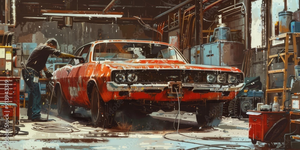 A man working on a rusty red car in a A man working on a rusty red car in a