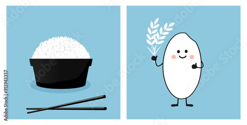 Rice bowl with chopsticks, Rice seed cartoon and rice plant sign on blue backgrounds vector. Cute cartoon food.