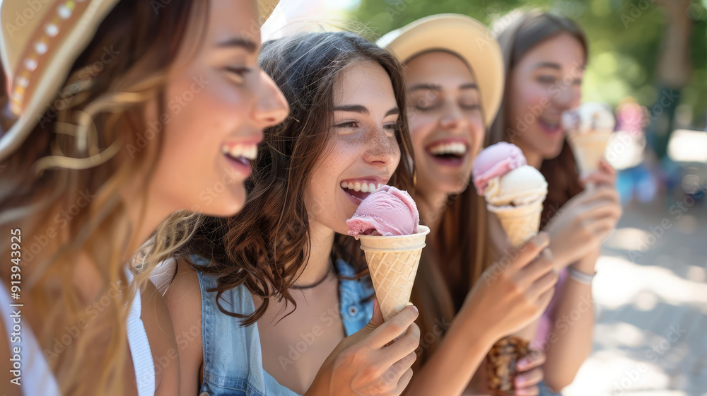 Four young women enjoy ice cream together on a sunny day. Four young women enjoy ice cream together on a sunny day.