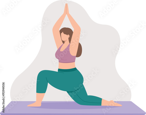 Vector illustration of a plus size woman doing yoga. Flat style concept of body positive girl	