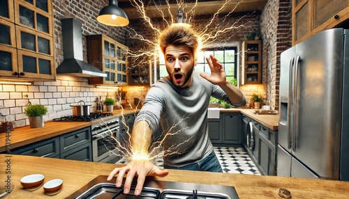 Shocked Man Experiencing Electric Shock in Modern Kitchen