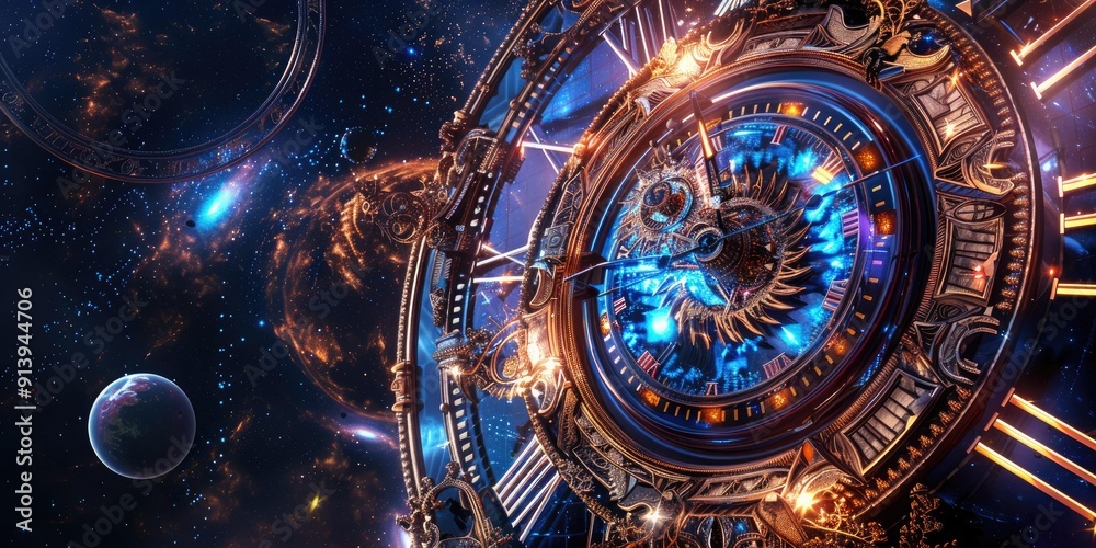 Obraz premium Ornate clock face against a starry night sky.