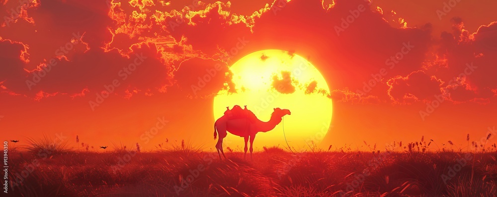 Vibrant sunset with a lone camel silhouetted against the fiery sky, 4K hyperrealistic photo Vibrant sunset with a lone camel silhouetted against the fiery sky, 4K hyperrealistic photo